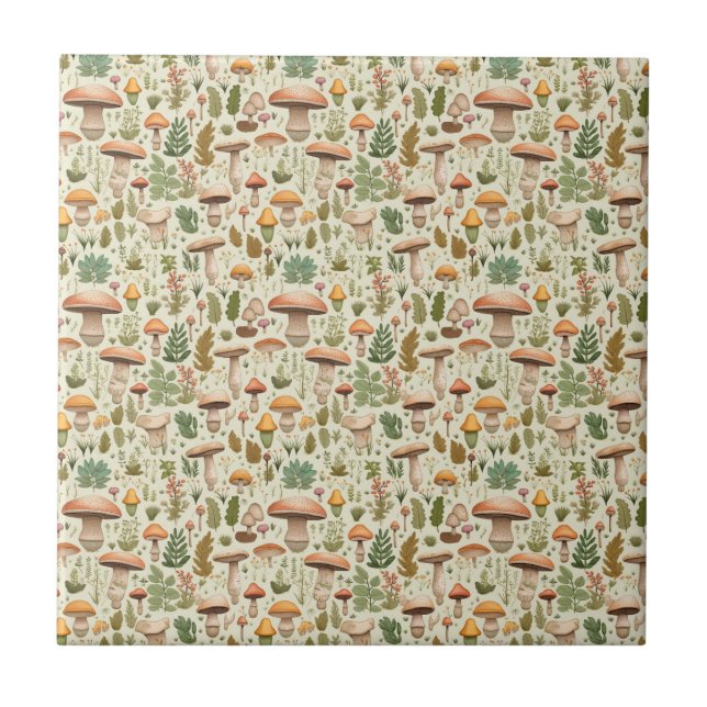 Whimsical Autumn Mushroom Forest Seamless Pattern Ceramic Tile (Front)