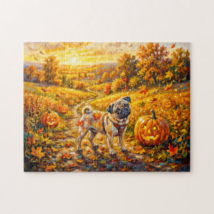 Whimsical Autumn Pumpkin Path Mops Illustration Jigsaw Puzzle