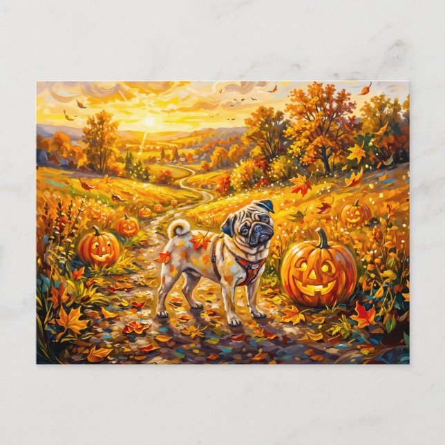 Whimsical Autumn Pumpkin Path Mops Illustration Postcard (Front)