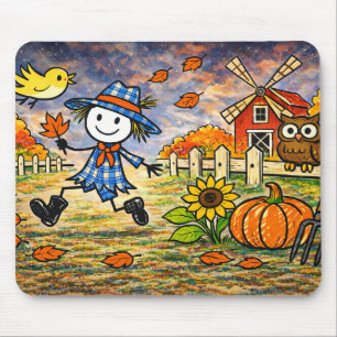 Whimsical Autumn Scarecrow Farm Mouse Pad