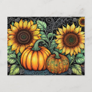Whimsical Autumn Sunflowers and Pumpkins  Holiday Postcard