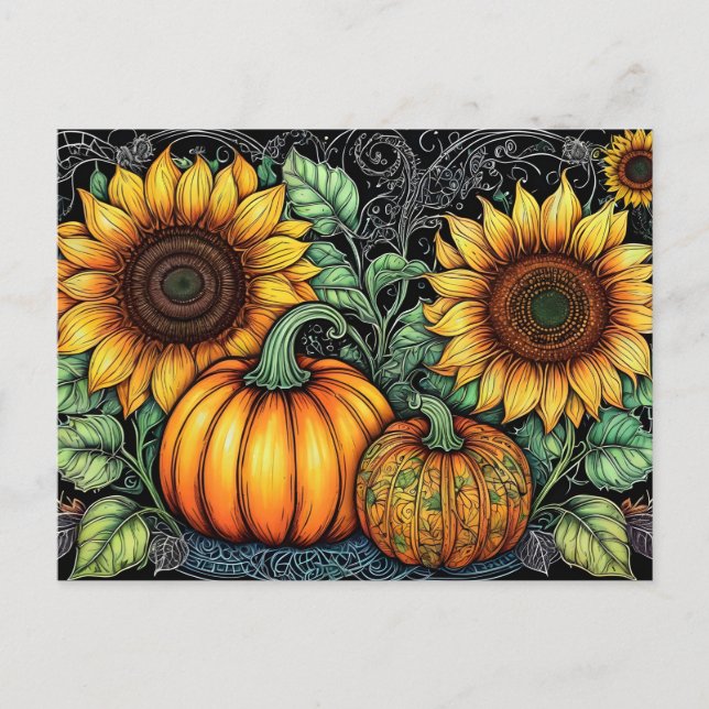 Whimsical Autumn Sunflowers and Pumpkins  Holiday Postcard (Front)