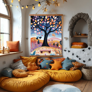 Whimsical Autumn Tree Illustration Hanging Tapestry