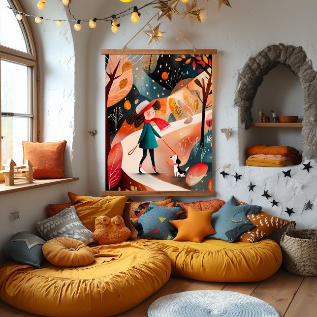 Whimsical Autumn Walk Illustration Hanging Tapestry (Creator Uploaded)