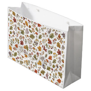 Whimsical Autumn Woodland Mushroom Leaves Pattern Large Gift Bag