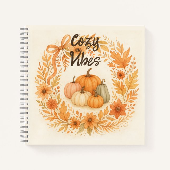 Whimsical Autumn Wreath with Pumpkins - Boho Fall Notebook (Front)