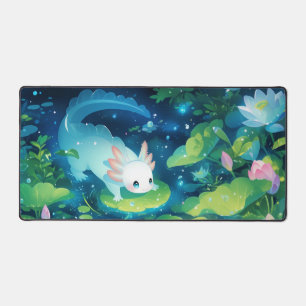 Whimsical Axolotl in Magical Glowing Lotus Pond Desk Mat