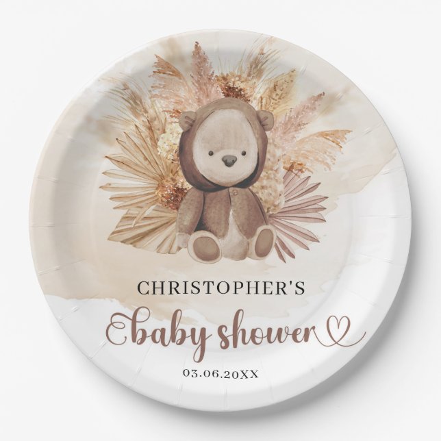 Whimsical baby bear pampas grass gender neutral paper plate (Front)