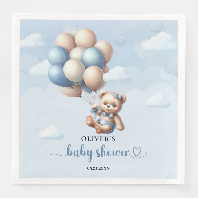 Whimsical baby bear with blue and ivory balloons napkin (Front)