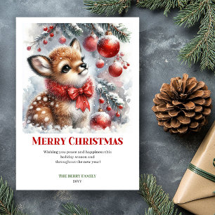 Whimsical Baby Deer Snowy Forest Watercolor Xmas Holiday Card