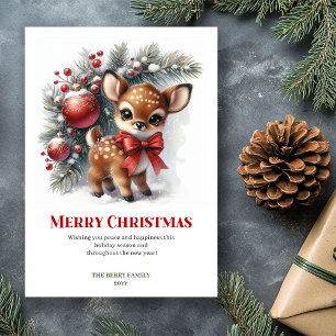 Whimsical Baby Deer Snowy Forest Watercolor Xmas Holiday Card