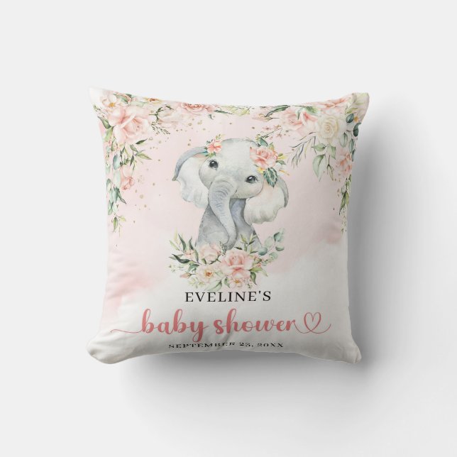 Whimsical baby elephant blush floral eucalyptus cushion (Front)