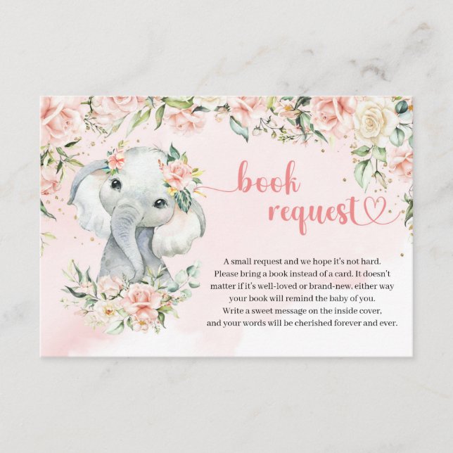Whimsical baby elephant blush gold Book request Enclosure Card (Front)