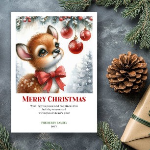 Whimsical Baby Fawn Snowy Forest Watercolor Xmas Holiday Card