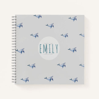 Whimsical baby girl watercolour whale monogram notebook