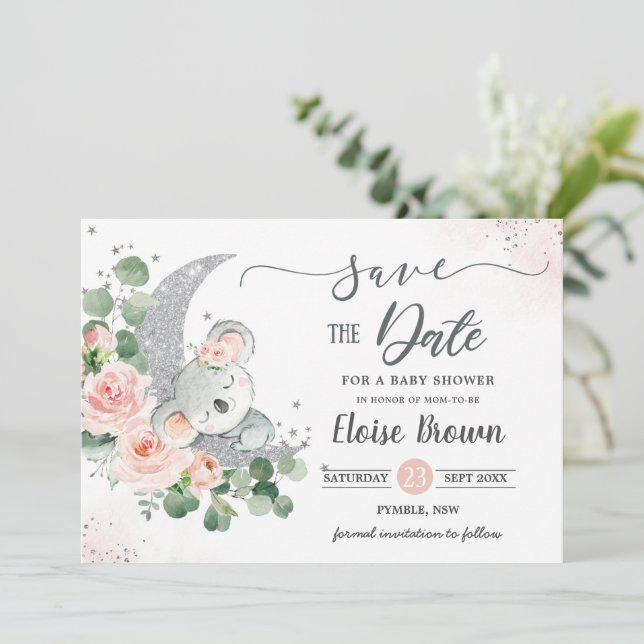 Whimsical Baby Koala Crescent Moon Blush Floral Save The Date (Standing Front)