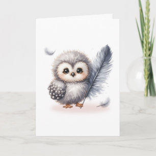 Whimsical Baby Owl with Falling Feathers Blank Card