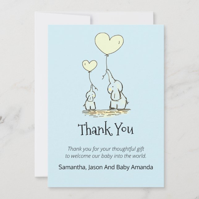 Whimsical Baby Shower Thank You | Elephants Blue (Front)