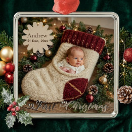 Whimsical Baby's First Christmas Stocking Photo Metal Ornament