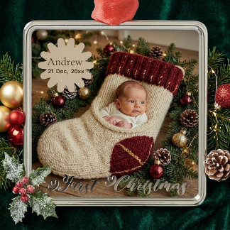 Whimsical Baby's First Christmas Stocking Photo Metal Ornament
