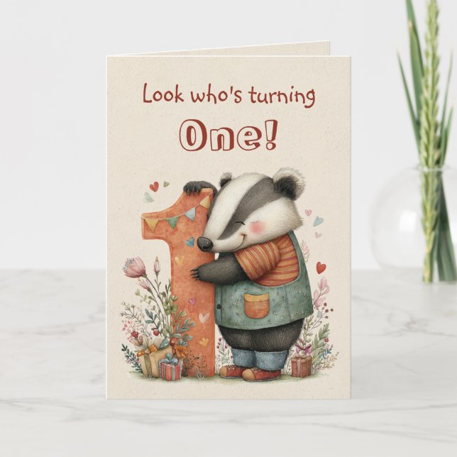 Whimsical Badger First Birthday for One Year Old Card (Front)