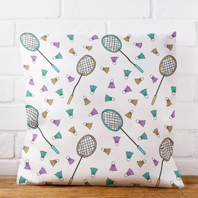 Whimsical Badminton Hand-Drawn Racquets Birdies Cushion (Hand-drawn rackets and shuttlecocks bring that breezy badminton vibe indoors.)
