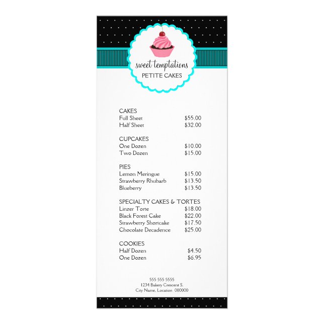 Whimsical Bakery Cupcake Turquoise Price List Rack Card (Front)