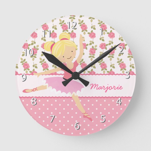 Whimsical Ballerina Floral Pink Girly Personalised Round Clock (Front)