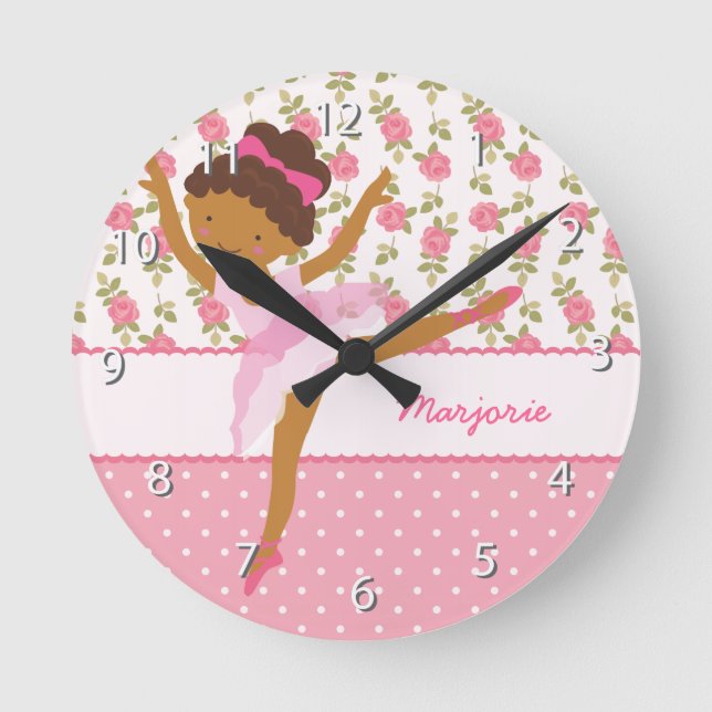 Whimsical Ballerina Girly Floral Pink Personalised Round Clock (Front)