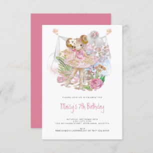 Whimsical Ballerina Pink Girl 7th Birthday Party Invitation