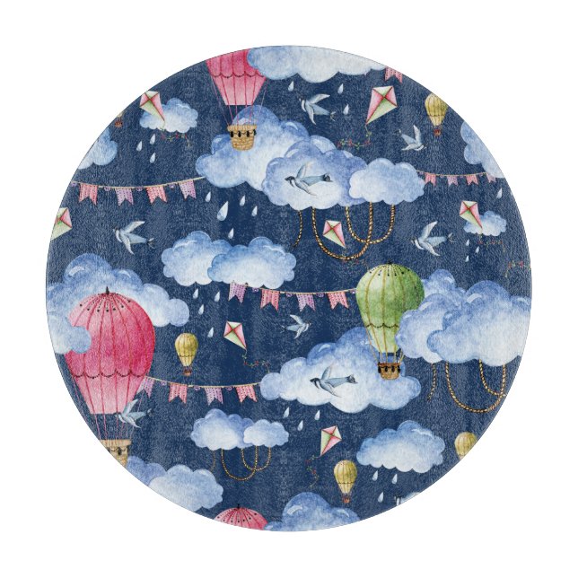 Whimsical Balloons: Watercolor Cloud Pattern Cutting Board (Front)