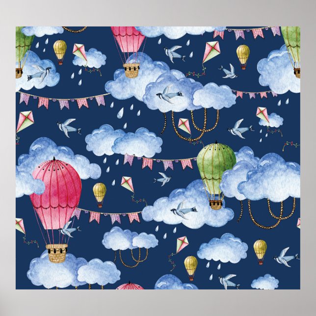 Whimsical Balloons: Watercolor Cloud Pattern Poster (Front)