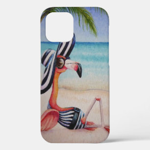 Whimsical Beach Babe Flamingo No. 1 Watercolor Art iPhone 12 Case