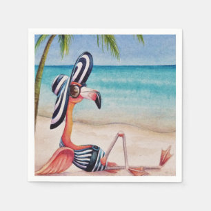 Whimsical Beach Babe Flamingo No. 1 Watercolor Art Napkin