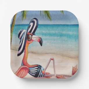 Whimsical Beach Babe Flamingo No. 1 Watercolor Art Paper Plate