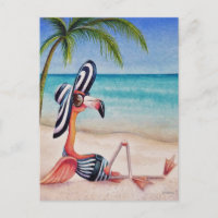 Whimsical Beach Babe Flamingo No. 1 Watercolor Art