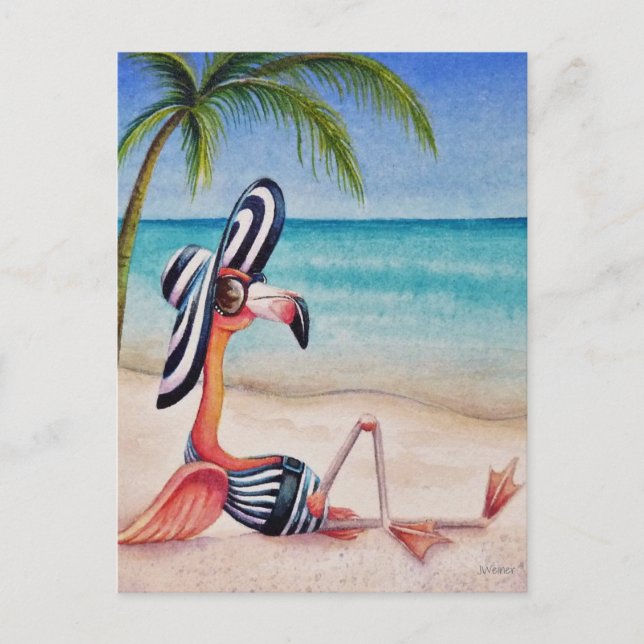 Whimsical Beach Babe Flamingo No. 1 Watercolor Art Postcard (Front)