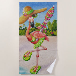 Whimsical Beach Babe Flamingo No. 2 Watercolor Art Towel