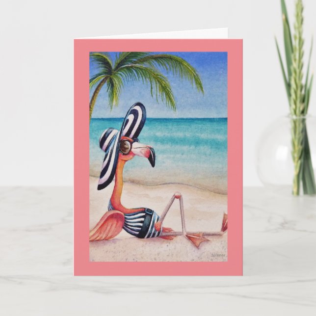 Whimsical Beach Babe Pink Flamingo No. 1 Art Card (Front)