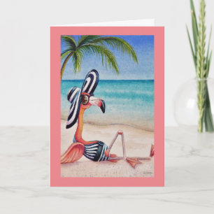 Whimsical Beach Babe Pink Flamingo No. 1 Art Card