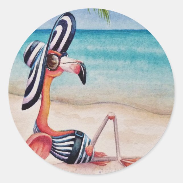 Whimsical Beach Babe Pink Flamingo No. 1 Classic Round Sticker (Front)