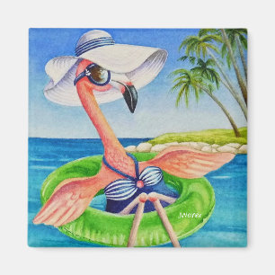 Whimsical Beach Babe Pink Flamingo No. 3 Magnet