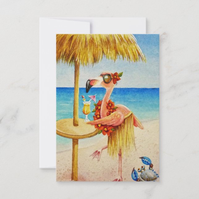Whimsical Beach Babe Pink Flamingo No. 4 Thank You Card (Front)