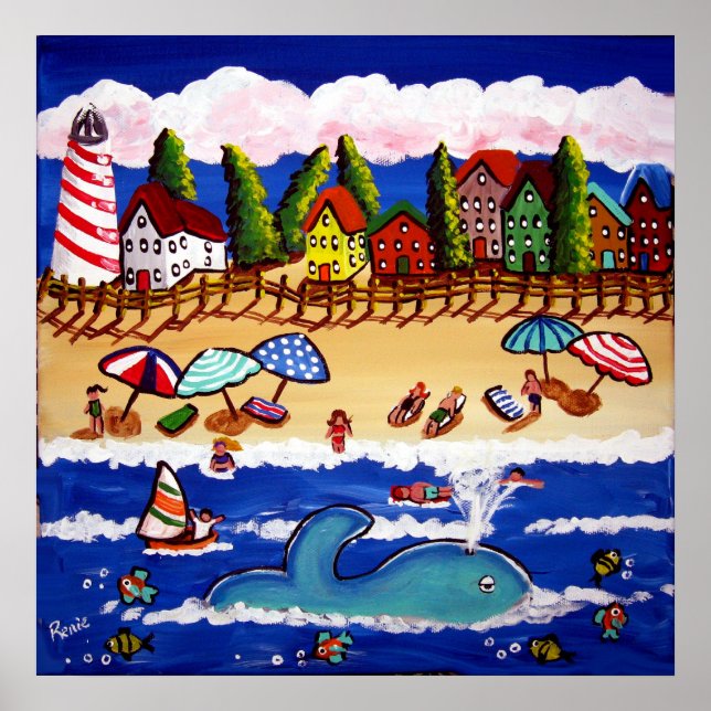 Whimsical Beach Cape Cod Whale Folk Art Poster (Front)
