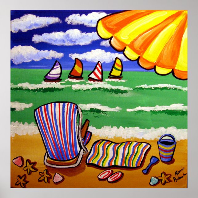 Whimsical Beach Umbrella Chair Folk Art Poster (Front)
