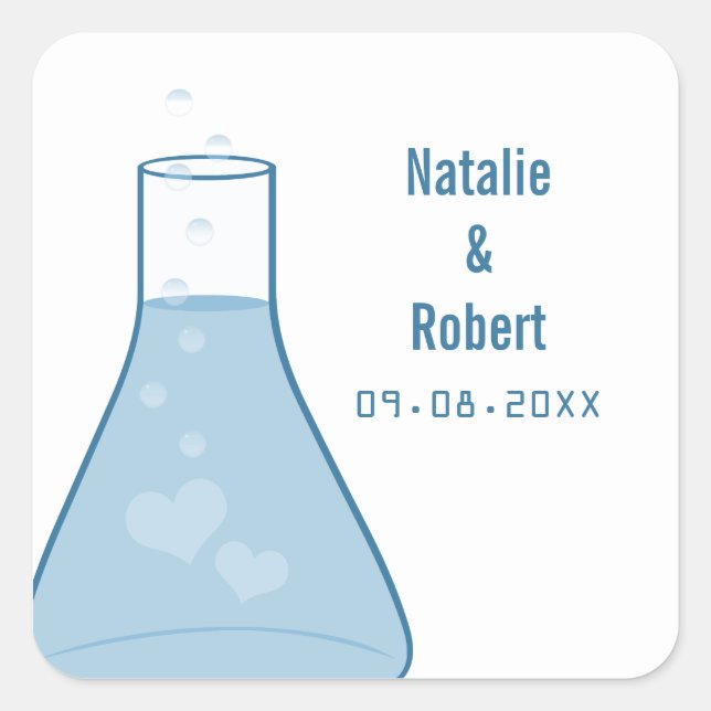 Whimsical Beaker Wedding Stickers, Blue Square Sticker (Front)