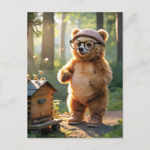 Whimsical Bear Beekeeper in a Sunny Forest Holiday Postcard