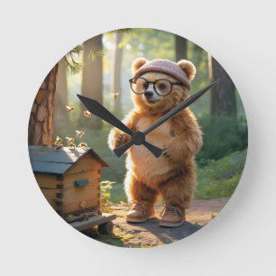 Whimsical Bear Beekeeper in a Sunny Forest Round Clock