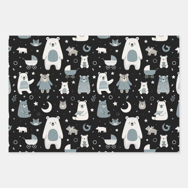 Whimsical Bear Family Pattern Wrapping Paper Sheet (Front)