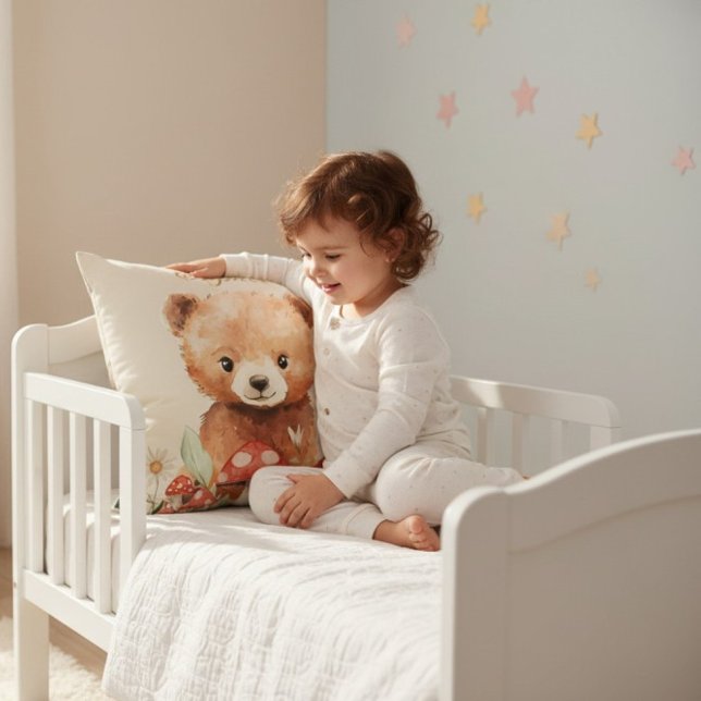 Whimsical Bear Mushroom Watercolor Childrens Room  Cushion (Creator Uploaded)